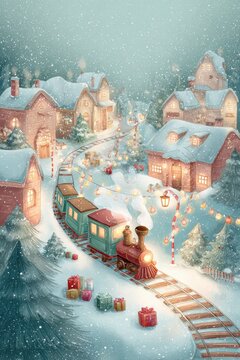 Whimsical Christmas Train: A Cute Toy Locomotive Chugging Through a Snowy Village at Night