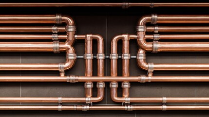 Fototapeta premium Intricate Arrangement of Copper Pipes Against a Dark Wall Showcasing Plumbing and Industrial Design Elements