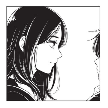 Black and white manga style illustration, two people profile, anime characters, monochrome portrait, comic book art