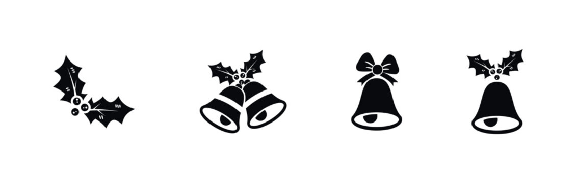 Christmas Bells and Mistletoe Twig Vector Icon Set