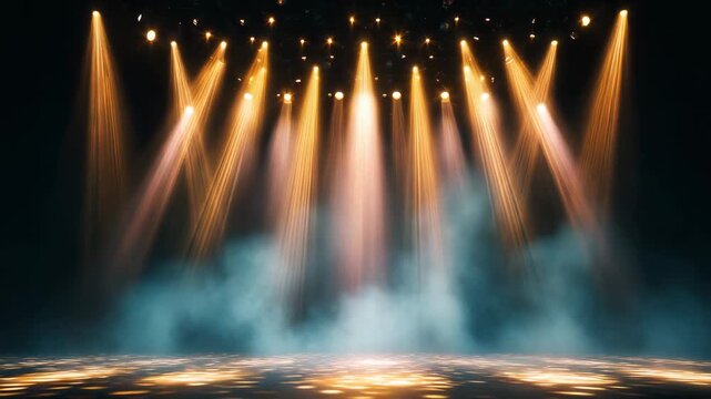Stage with dramatic spotlight beams and smoke empty concert scene performance lighting theater show
