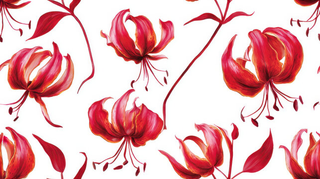 Seamless pattern with vibrant red gloriosa lilies on light background, dynamic exotic floral watercolor design