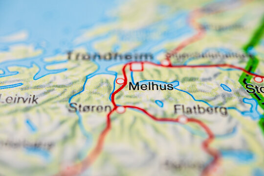 Macro view of Melhus Norway road map with highlighted transport routes.