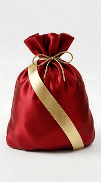 Red satin gift bag with gold ribbon and string tie