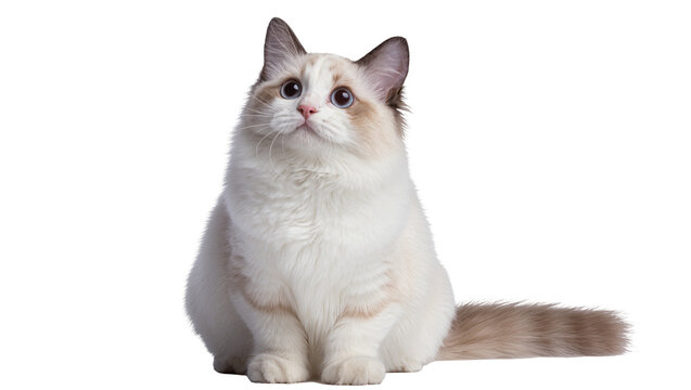 Fluffy Ragdoll cat sitting, gazing forward with blue eyes and cream fur
