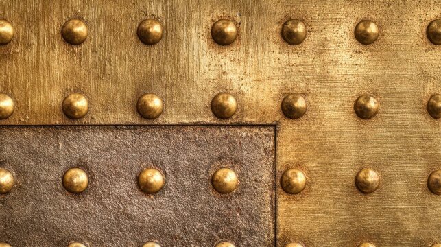 Close-up of Metallic Surface with Studs and Rivets, Textured Bronze and Gold Finish for Industrial Design Elements
