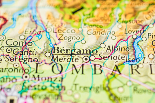Close up of Bergamo and Lombardy region on physical road map.