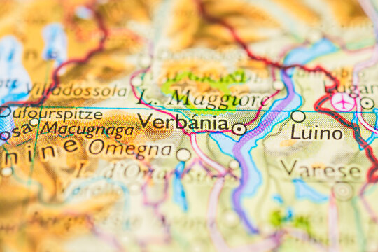 Detailed map of Verbania and Lake Maggiore in northern Italy for tourism planning theme.