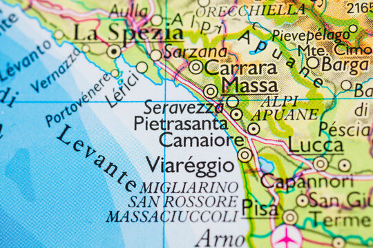 Close up of La Spezia and Carrara on Italian Riviera map.