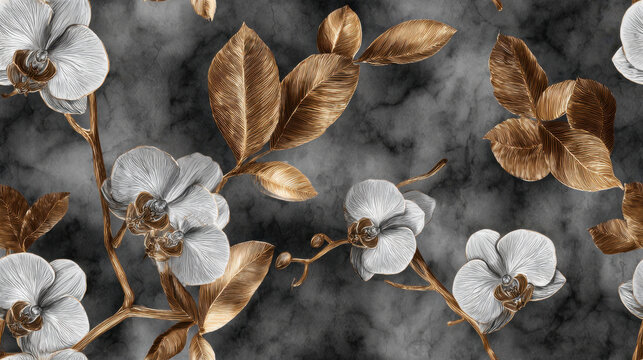Seamless pattern with white orchids and bronze leaves on dark marble textured background, elegant luxury floral design with metallic accents