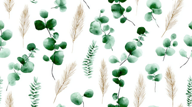 Seamless watercolor pattern with eucalyptus leaves, ruscus branches and pampas grass on light background, airy botanical composition