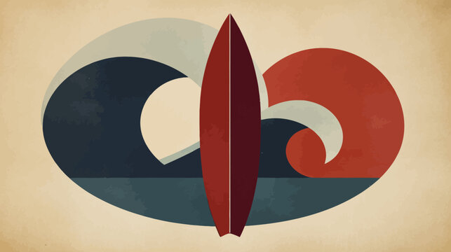 Stylized surf scene with a red surfboard centered, waves in blue, beige, and red hues