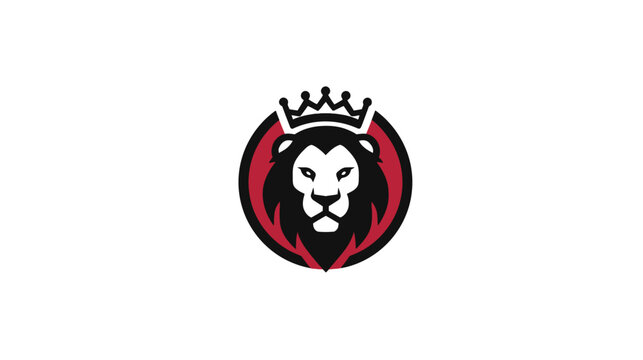 A lion's head wearing a crown within a circle. Primarily black, white, and red in color