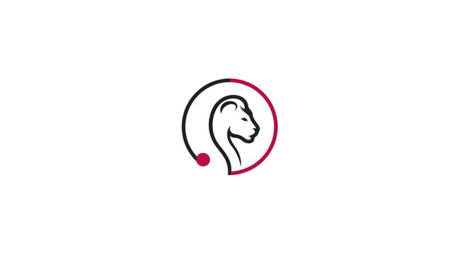 A minimalist logo featuring a lioness head inside a partially colored circle on a white background