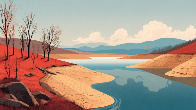 drought impact on shrinking water reservoir and dry land, climate change effect on lake water levels and orange landscape, stylized illustration of water scarcity and environmental crisis