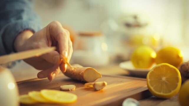 A man's hands skillfully chop fresh ginger root on a wooden cutting board surrounded by kitchen utensils and lemons on a sunny day, releasing its pungent aroma