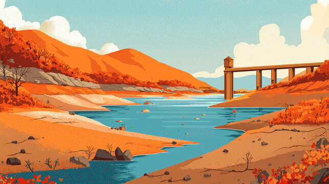 drought impact on shrinking water reservoir and dry land, climate change effect on lake water levels and orange landscape, stylized illustration of water scarcity and environmental crisis
