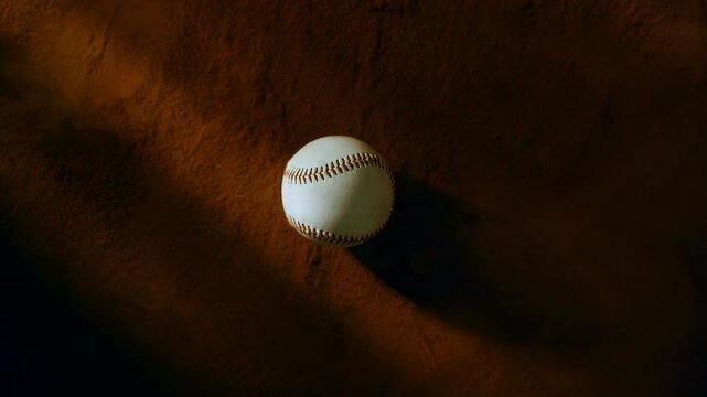 Overhead cinematic shot of a baseball resting on dirt while wind blows dust across the field. Sunlight rays create a warm, dramatic atmosphere and highlight textures.