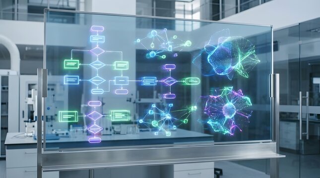 A futuristic transparent screen displays complex glowing neon data visualizations, including flowcharts, network diagrams, and abstract algorithmic structures.