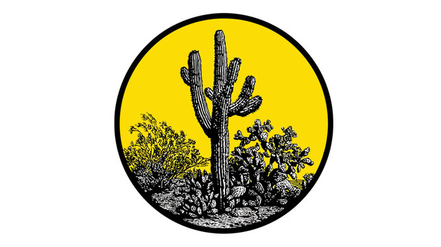 Black and white illustration of desert flora inside a yellow circle with a black border