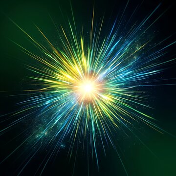 Vibrant colorful light explosion with yellow blue and green rays spreading out on dark background