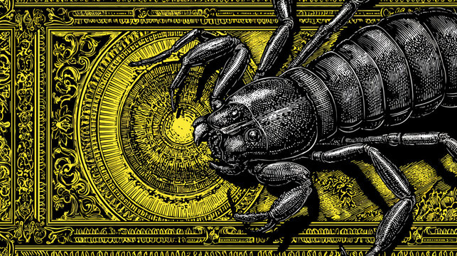 Intricate yellow geometric and ornate designs surrounding a detailed black and white insect