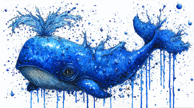 A vibrant blue cetacean emerges with splashing water droplets. Painted in a watercolor style