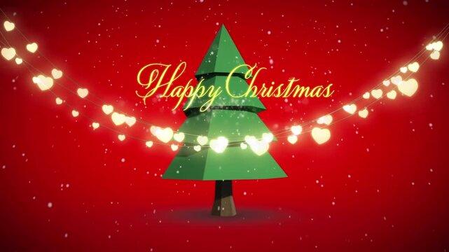 Animation of happy christmas text over christmas tree on red background