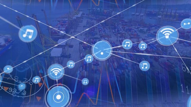 Network of digital icons stock market data processing against aerial view of the port