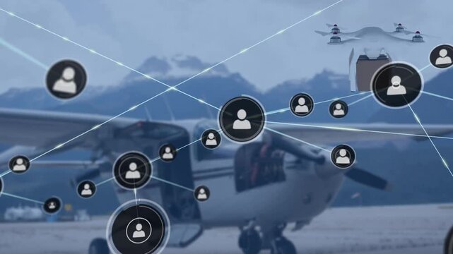Network of profile icons and drone carrying a delivery box against plane parked in an airport