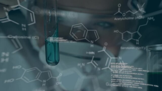 Animation of molecules and data processing over caucasian scientist in lab