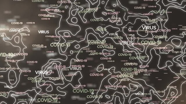 Animation of covid texts over isohypses on black background