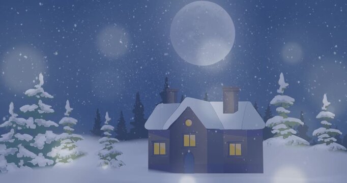 Spots of light and snow falling over winter landscape with copy space