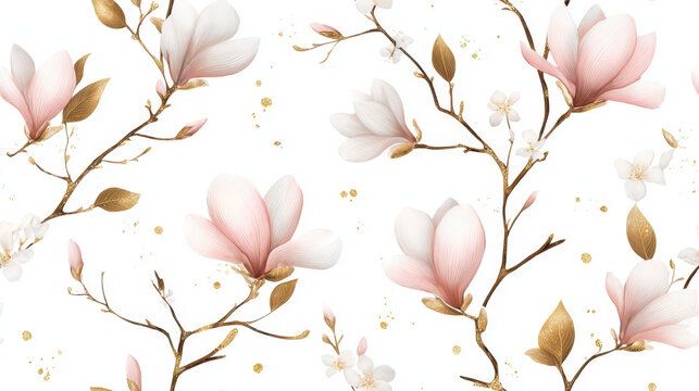 Delicate magnolia and jasmine branches with blush pink petals and golden accents on soft white background, elegant botanical seamless pattern