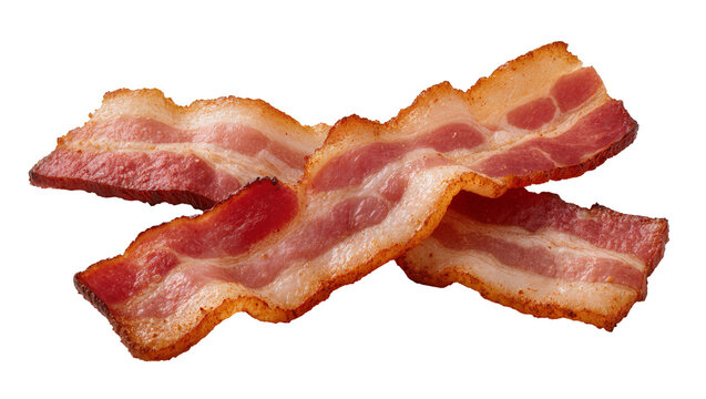 Crispy smoked bacon strips overlapping, displaying marbled fat and browned edges