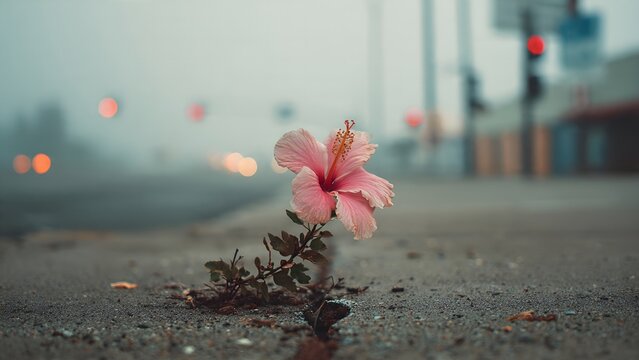 Pink Hibiscus Flower Growing from Cracked Asphalt on Misty Urban Street for Resilience and Hope Campaign