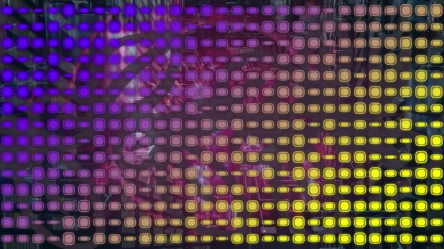 Animation og violet and yellow squares over shapes and data in background