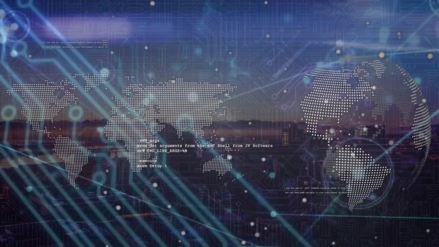 Microprocessor connections, world map and spinning globe against aerial view of cityscape
