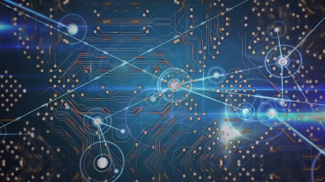 Animation of network of connections over computer circuit board and purple lines on black background
