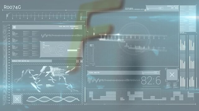 Animation of infographic interface with f alphabet, dna helix and glowing flare