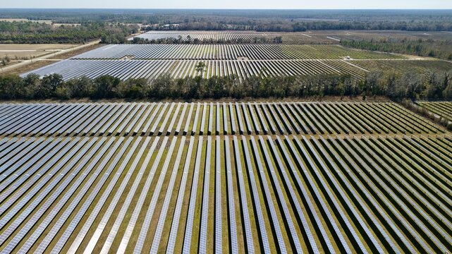 Aerial view of vast solar panel arrays gleaming under the sun, contrasting with the surrounding green fields, Elkton, Florida, United States.