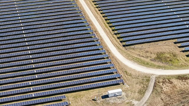 Aerial view of rows of solar panels stretching across the landscape, bisected by a winding dirt road, under the bright sky, Elkton, Florida, United States.
