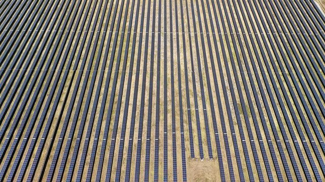 Aerial view of solar panels stretching across the landscape, a sea of dark rectangles contrasting with the pale earth, Elkton, Florida, United States.