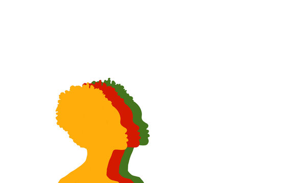 African-American people face in profile silhouettes in red, green, and yellow, isolated on transparent background, clean cutout, minimal design, copy space.
