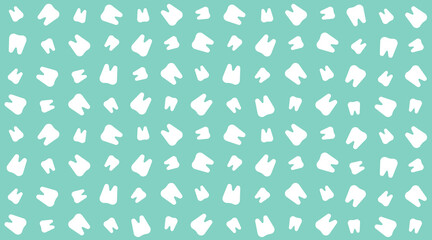 White teeth pattern on green medical background. Minimalist seamless pattern of dental icons. Graphic background element for oral health care and pediatric dentistry. Vector