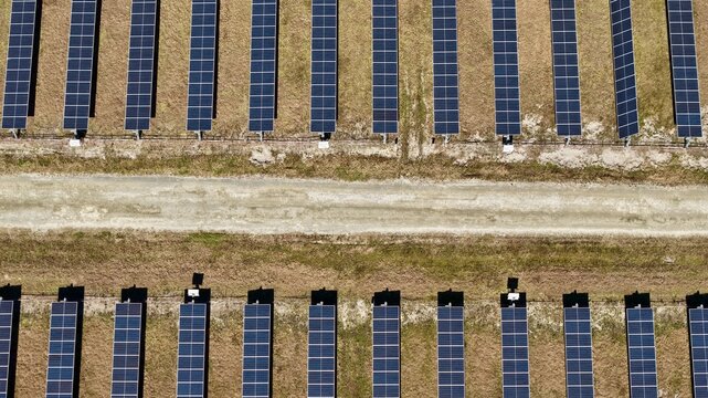 Aerial view of rows of solar panels contrast sharply against the dry, grassy landscape, divided by a pale dirt path, Elkton, Florida, United States.