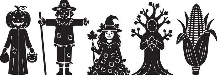 Obraz premium Black Solid Autumn Themed Halloween Costume Silhouette Figures