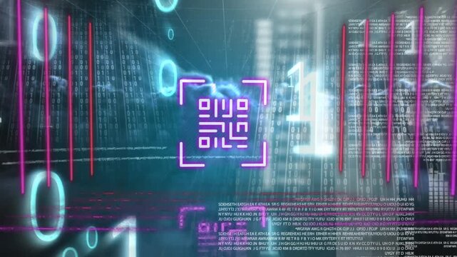 Animation of security padlock with data processing over cityscape