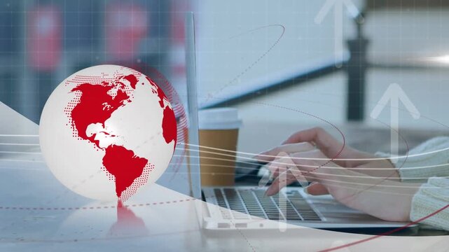 Animation of spinning globe and arrow icons over mid section of woman using laptop at office