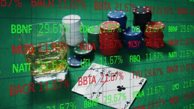 Animation of stock market over playing cards and chips on green background